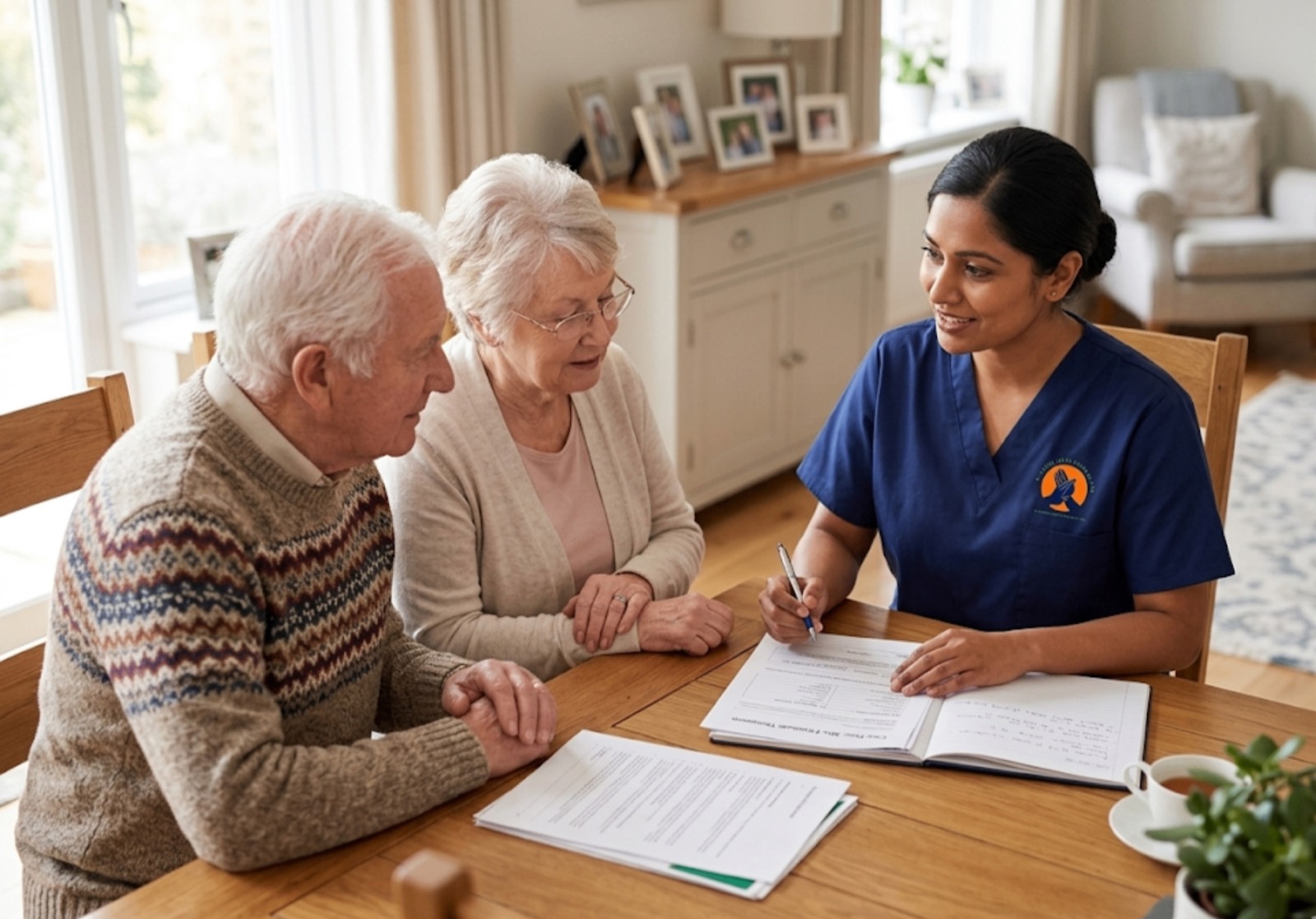 TLives Healthcare care coordinator discussing a personalised care plan with an elderly couple at home in Sandwell