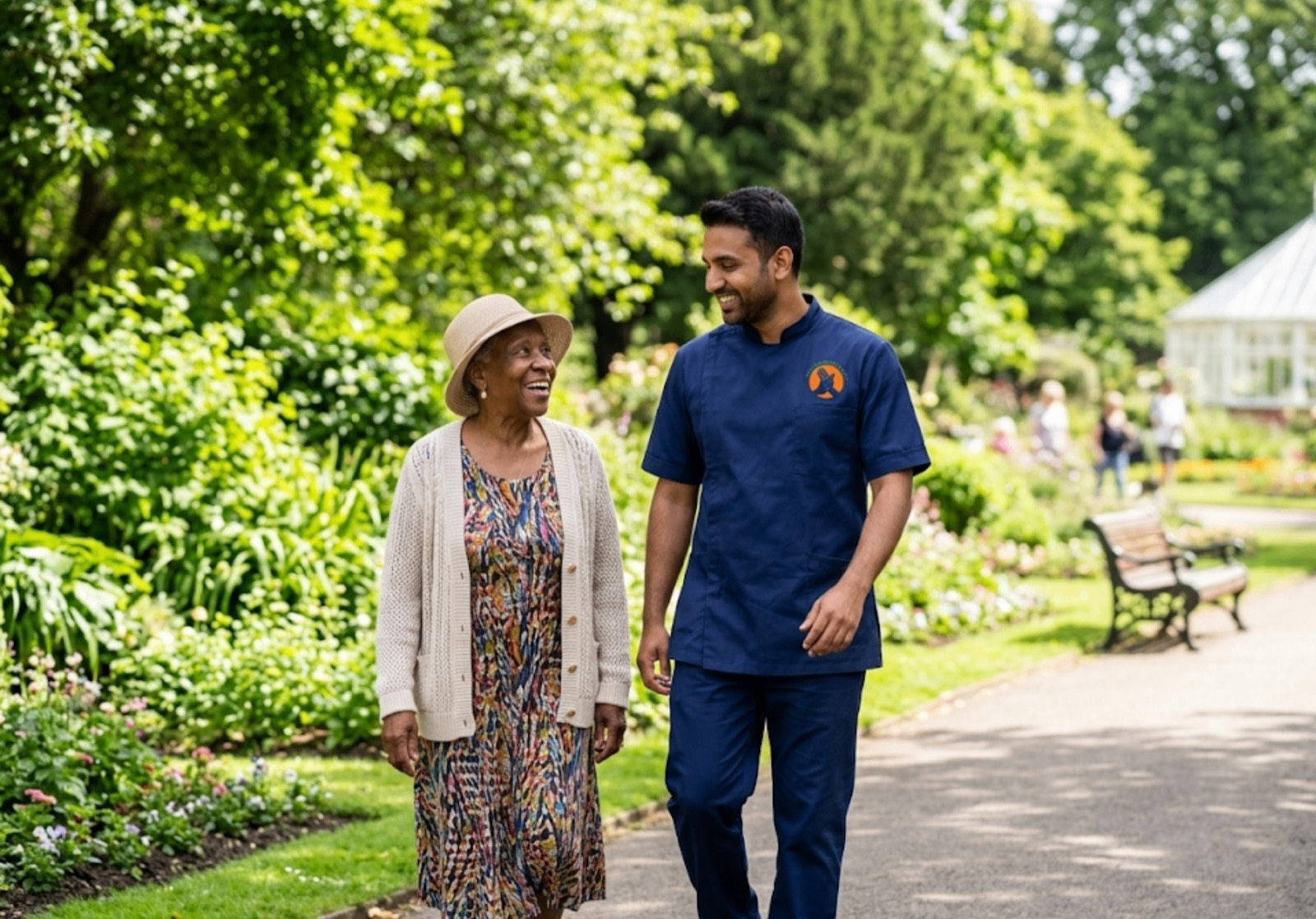 TLives Healthcare companionship carer accompanying an elderly client on a walk in Birmingham, West Midlands