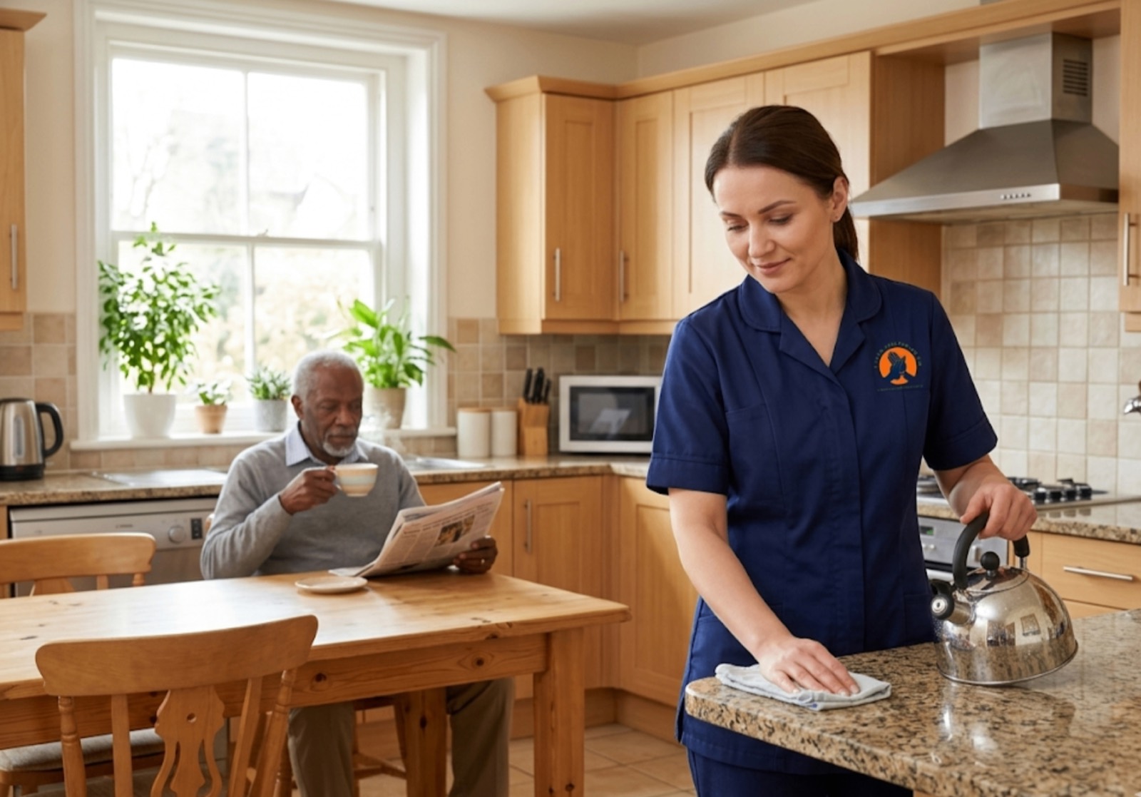 TLives Healthcare domestic support carer cleaning the kitchen for an elderly client at home in Sandwell, West Midlands