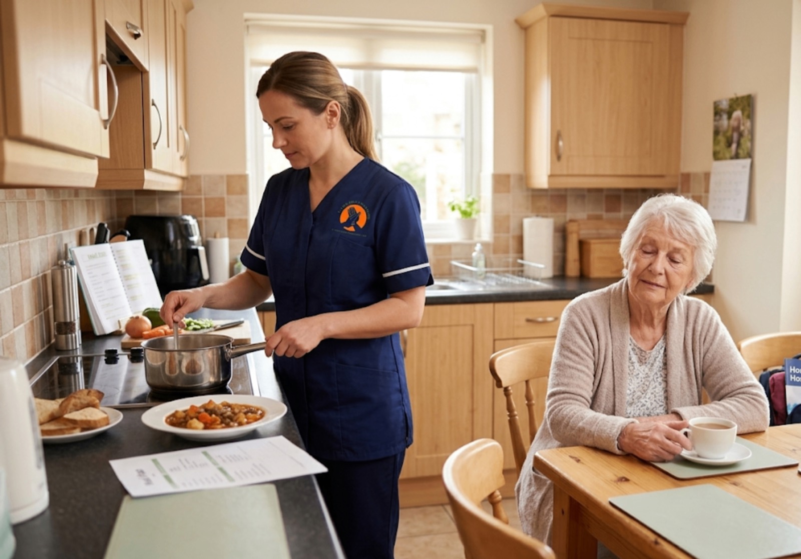 TLives Healthcare carer preparing a meal for an elderly client recovering from hospital at home in Oldbury, Sandwell