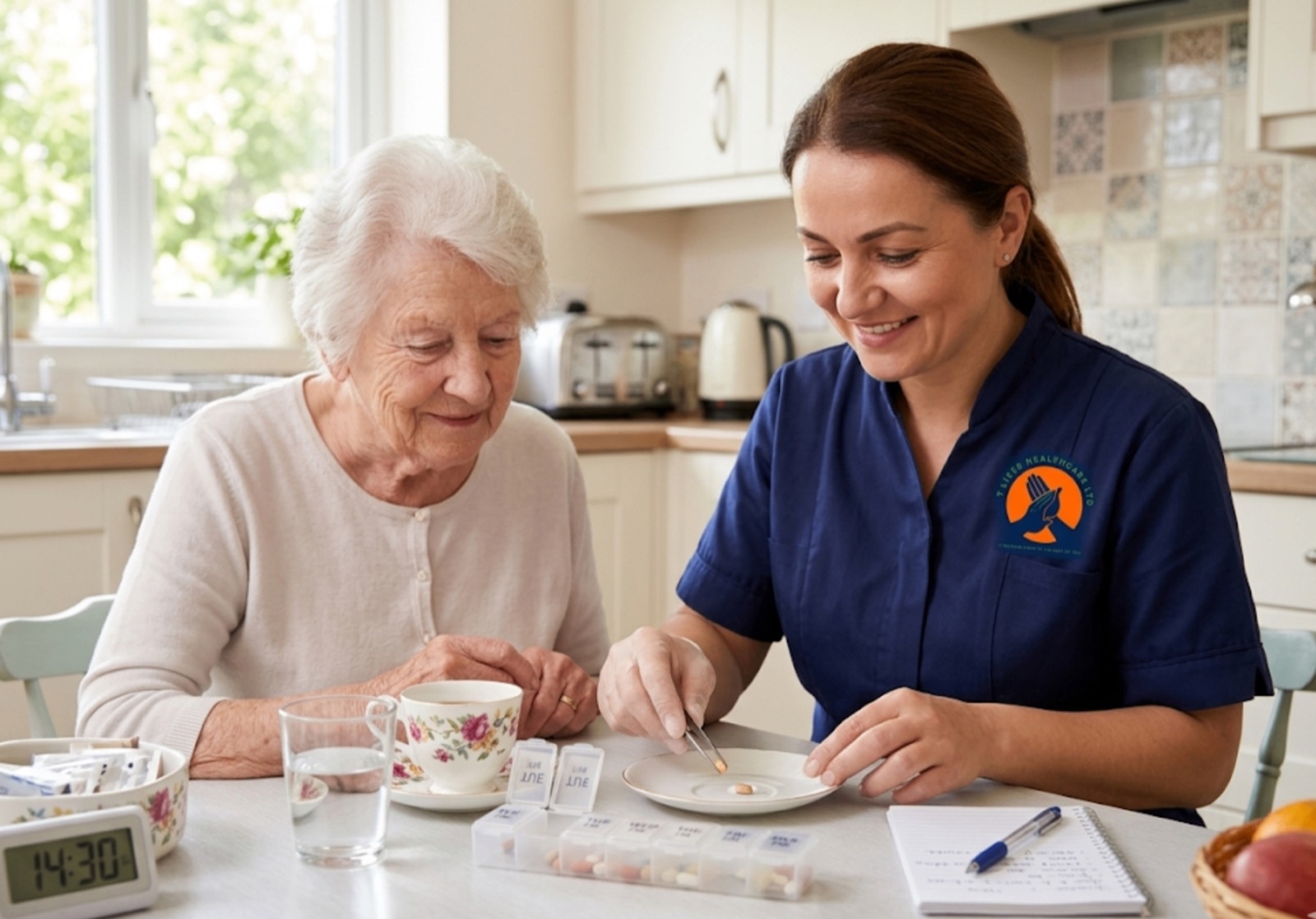 TLives Healthcare live-in carer managing medication for an elderly client at home in Oldbury, Sandwell