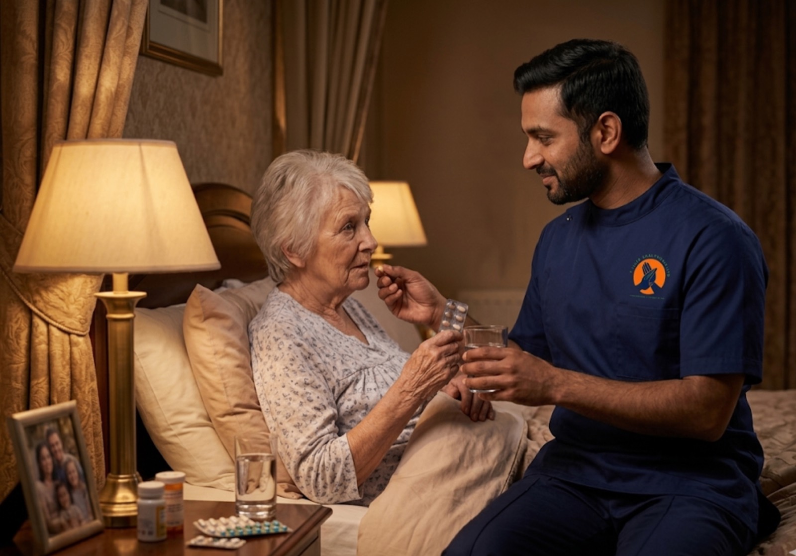 TLives Healthcare night carer assisting an elderly client with bedtime medication at home in Oldbury, Sandwell