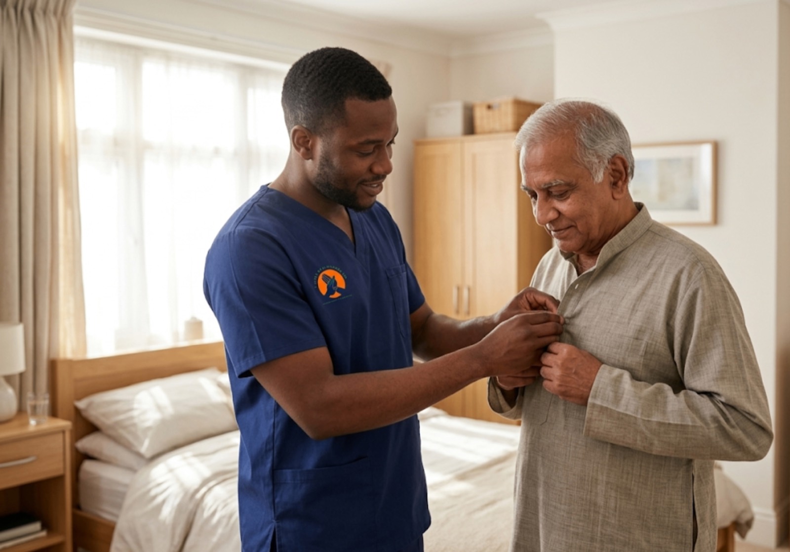 TLives Healthcare male carer assisting an elderly client with personal care and dressing at home in Birmingham, West Midlands